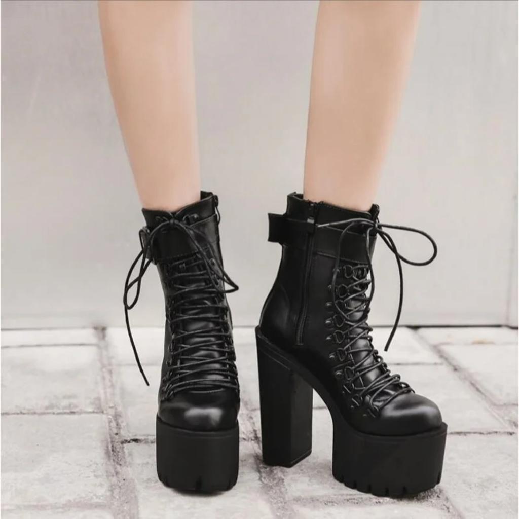 Fashion Motorcycle Boots Women Leather Spring Autumn Metal Buckle High Heels Shoes Zipper Black Ankle Boots Woman Lacing