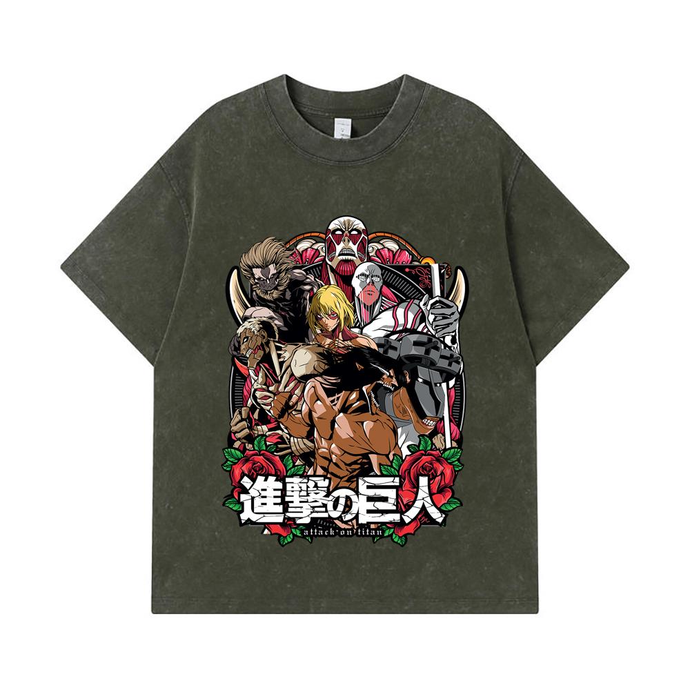 

275 GSM Washed T-shirts 100% Cotton Attack on Titan V4 Print Unisex Heavy Cotton T Shirt S армия зеленый