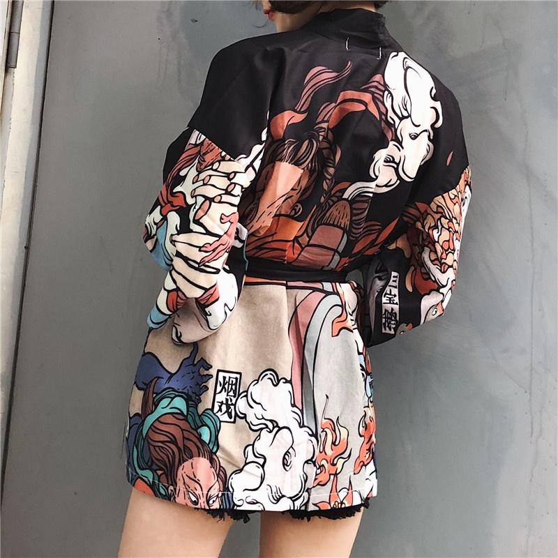Kadın Japon Kimono Ceket Gevşek Yukata Dış Giyim Vintage Siyah