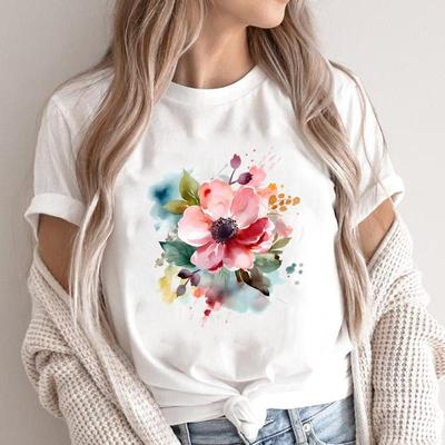 (Asian Size) Watercolor Flower Style O-neck Short Sleeve T-shirts Print Casual Top T Graphic Tee Fashion Female Women's Clothing