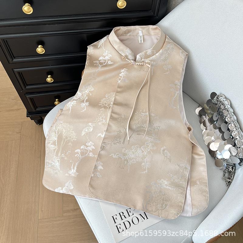 New buckle stand-up collar crane jacquard vest retro vest high-end sleeveless top