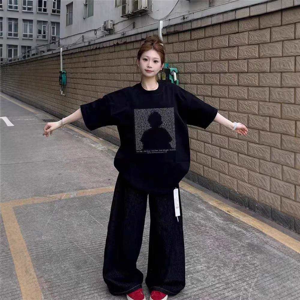 American high street pure cotton black short-sleeved t-shirt women's new summer loose large size fat mm half-sleeved design top
