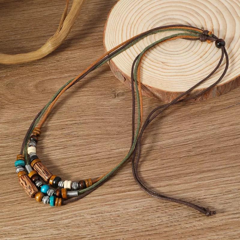 2Pcs/Set Multi-Layer Vintage Wood Beads Pendant Leather Beaded Weaved Prayer Necklace& Bracelet  Jewelry Gifts