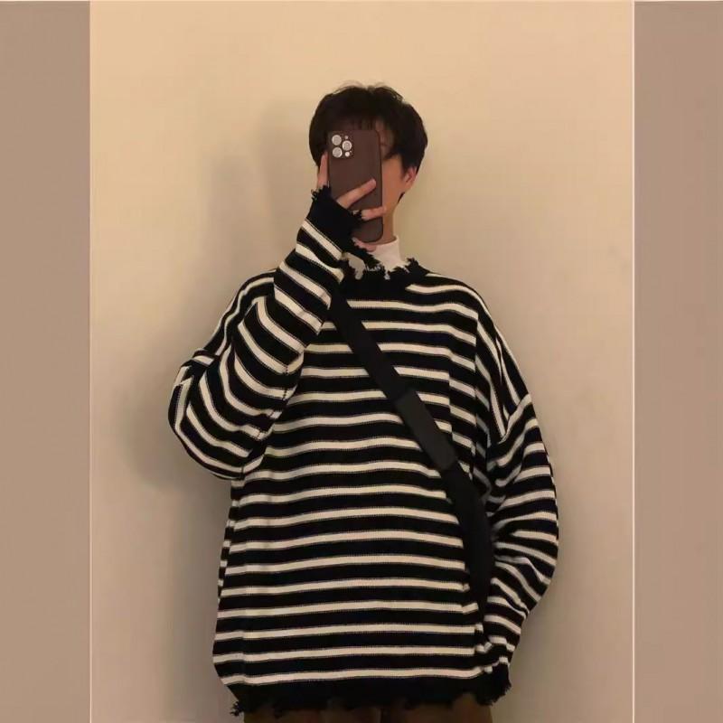 Mens Retro Striped Knit Sweater Loose Fit Casual Long Sleeve Pullover