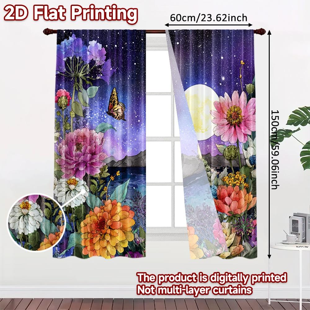 2 Stück, 2D-FLACHDRUCK Vorhänge (Ohne Stange) Mondbeschienene Blüte(1) Weihnachtsfest Minimalistische Vorhänge Maschinenwaschbarer Stoff