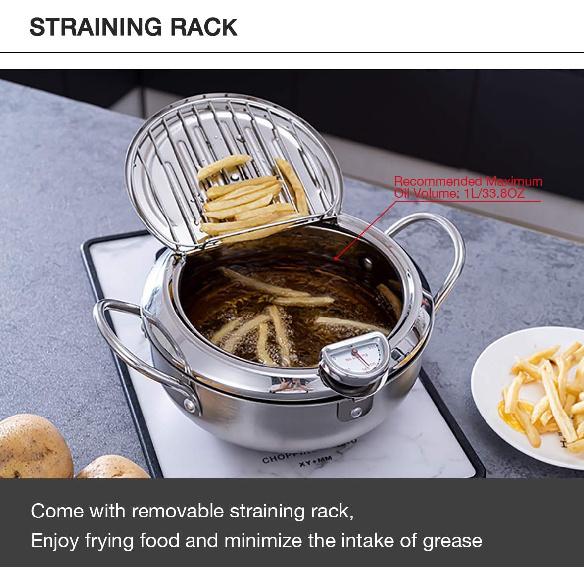 Tempura Fry Pot, Stainless Steel Tempura Deep Fryer with Thermometer, 8 Inches, Mini Size Perfect for 2-3 People