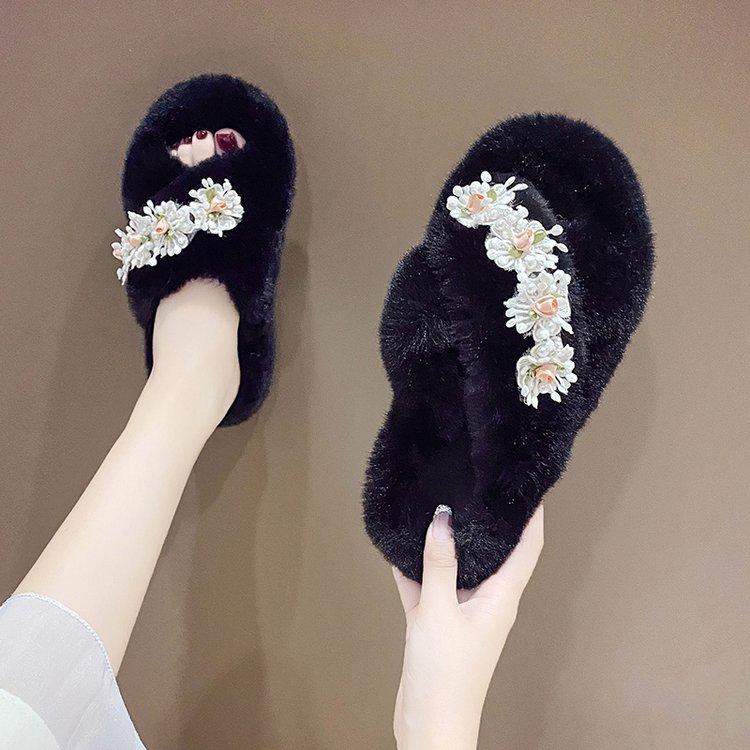 Flower thick-soled fluffy slippers women's 2025 autumn and winter new plush warm home cross cotton mop