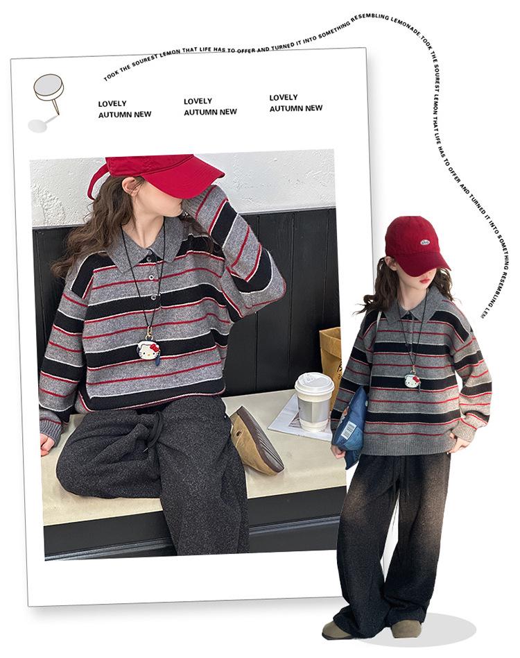 2025 Stickad polotröja med ränder för flickor - Höst/Vintermode för barn