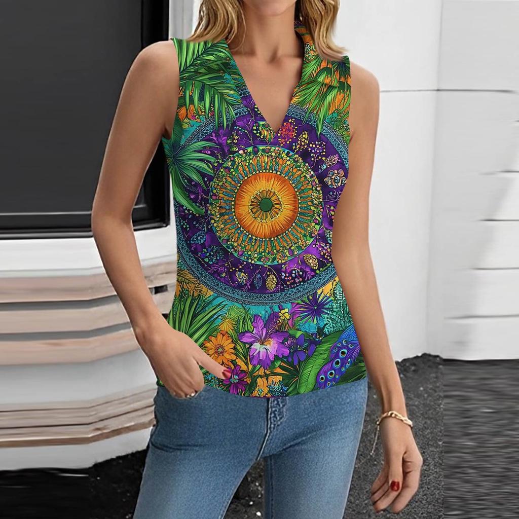Damen Sommer Mode Lässig Retro Print V-Ausschnitt Ärmelloses Top Skinny Tanktop