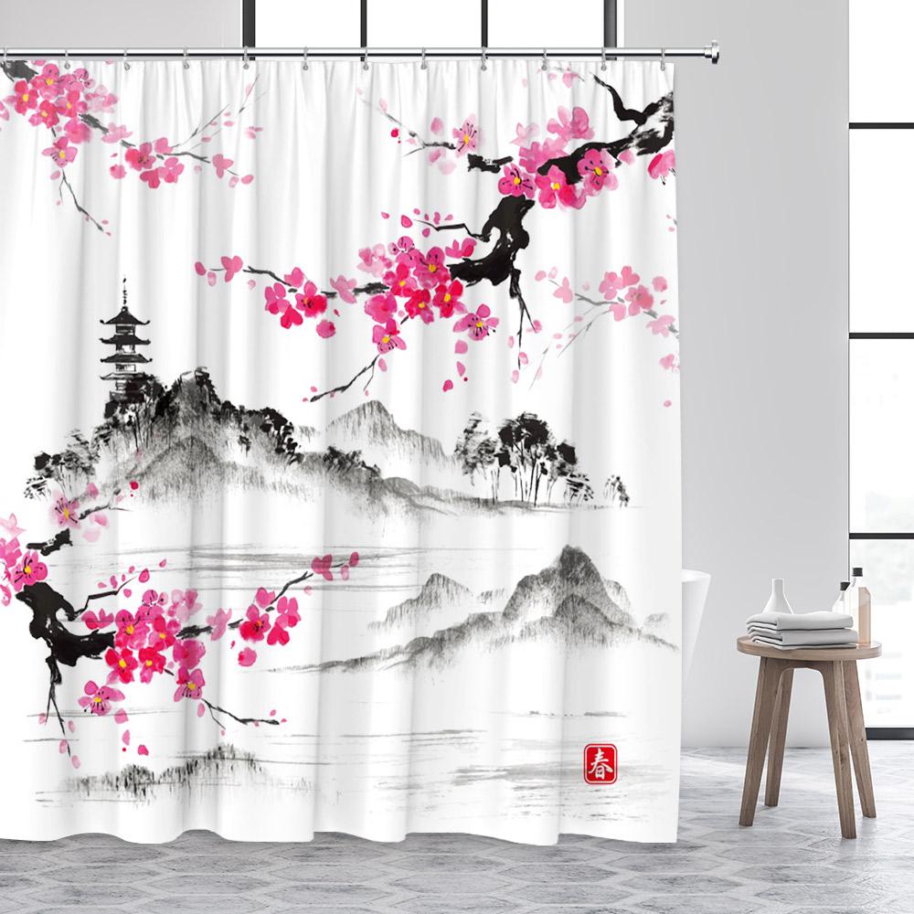 Japanese Style Shower Curtain Sea Wave Cherry Blossom Floral Ink Bamboo Mountain Scenery Bathroom Curtains Polyester Home Decor
