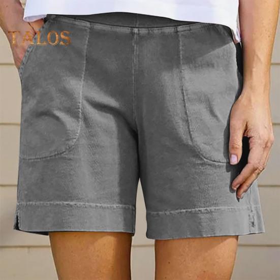Women's Cotton Linen Shorts Elastic Waist Baggy Short Pants with Pockets Casual Knee-Length Summer Shorts