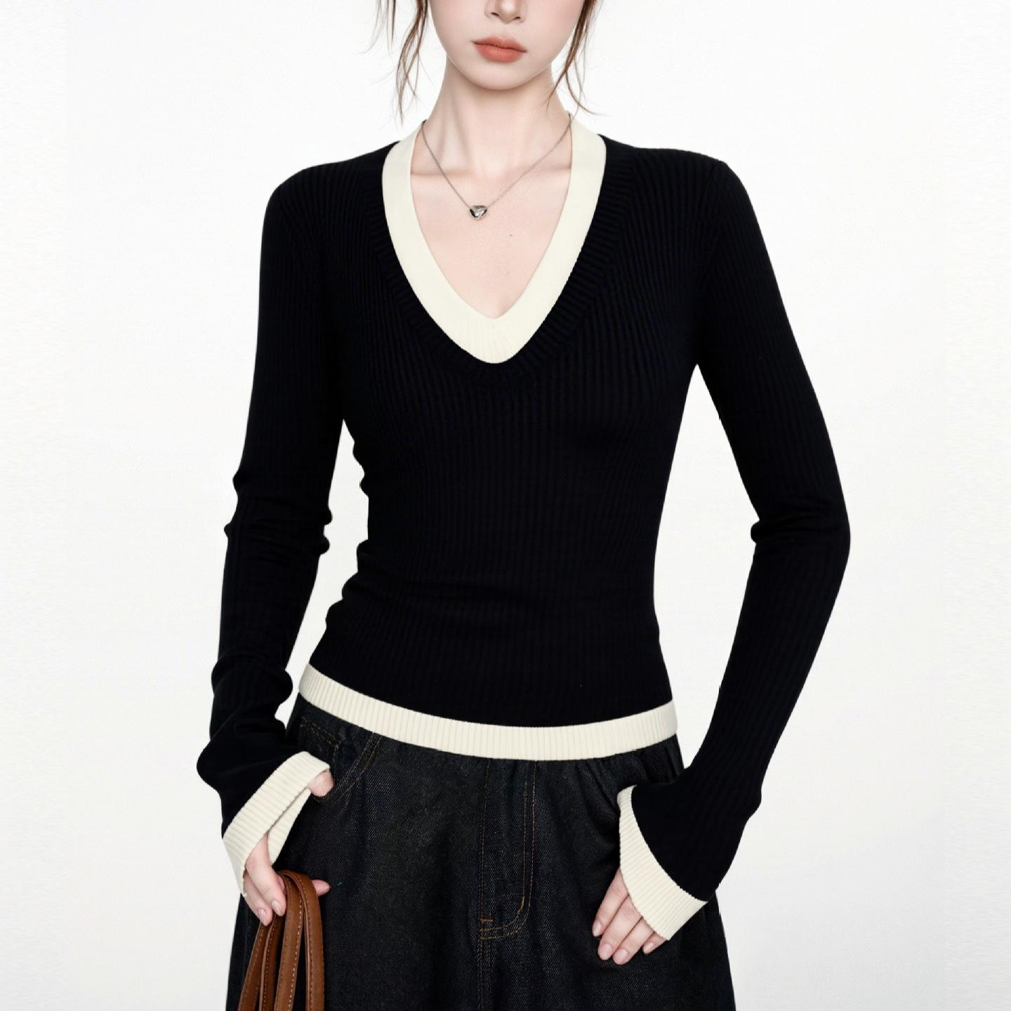 

[Andy fleece washing water] Fake two contrasting color v-neck long-sleeved sweater knitted sweater versatile inner woman One size fits all чорний