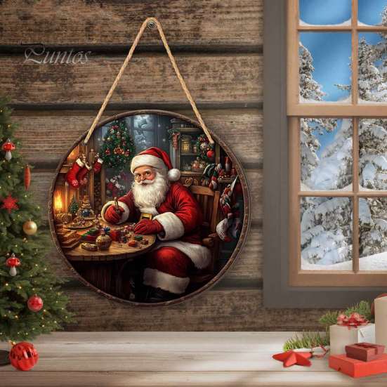 Rustic Christmas Wall Decor Wooden Round Hanging Sign, Santa Claus Highland Cow Winter Theme Farmhouse Ornament Door Decor, Holiday Welcome for Indoor