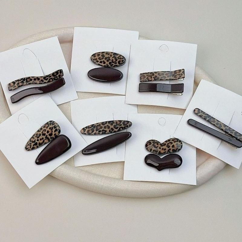 Leopard Print Brown and Beige Colorized Interwoven Retro Texture Hairpin, Sweet and Spicy Duckbill Hairpin, Side-parted Fringe Hairpin Set