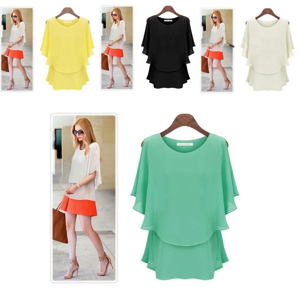 New Arrival Latest Women Chiffon Summer Plus Size Lotus Sleeve Double Shirt Sundress Elegant Casual Wear