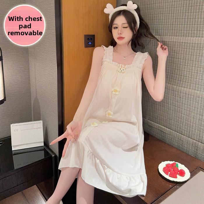 

Женская хлопковая летняя пижама 2024 г.: Милая ночная рубашка средней длины со съемной нагрудной подушечкой для дома и улицы XXL