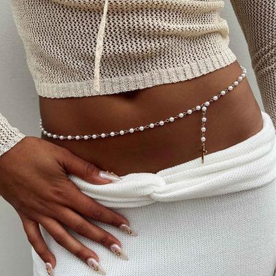 New Sexy Boho Single Layer Cross Pearl Belly Chains For Women Simple Gold White Color Body Chains Fashion Summer Bikini Jewelry