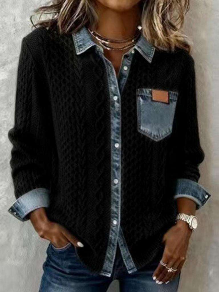2026 European & American Style Women's Knitted Patchwork Denim Shirt - Autumn/Winter Long Sleeve Cardigan Outerwear