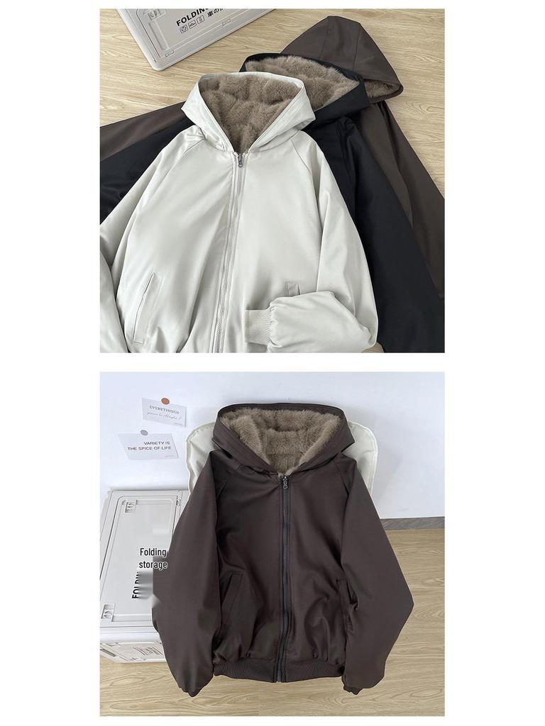 Unisex Reversible Hooded Cotton Jacket with Thick Velvet for Winter