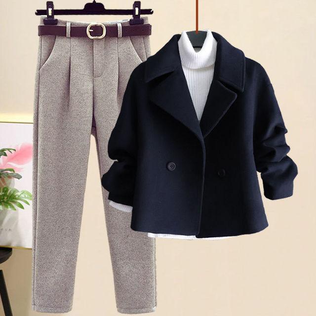 Autumn Winter Suit Jacket Jacket Long Sleeve Knitted Sweater Casual Trousers Three Piece Set Elegant Women's Pant Set