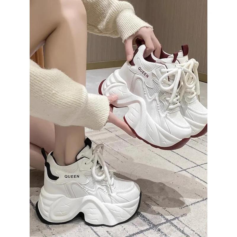 Fashion Women Casual Platform Sneakers 10CM High Heels Spring Sports Leather Dad Shoes Breathable Trainers Chunky Sneakers Zapatos Mujer