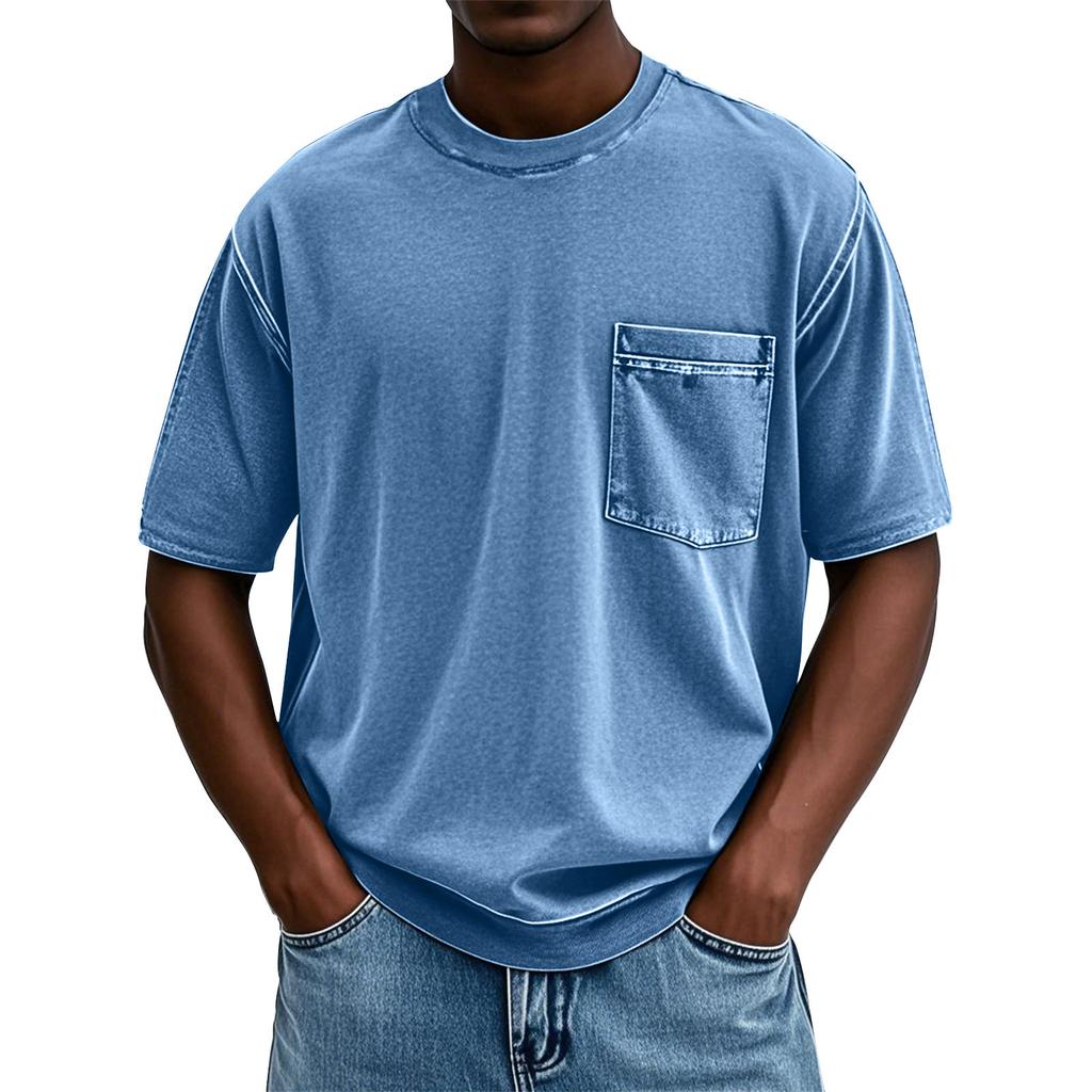 Men's Summer Solid Color Round Neck Loose Pocket Short Sleeve Top