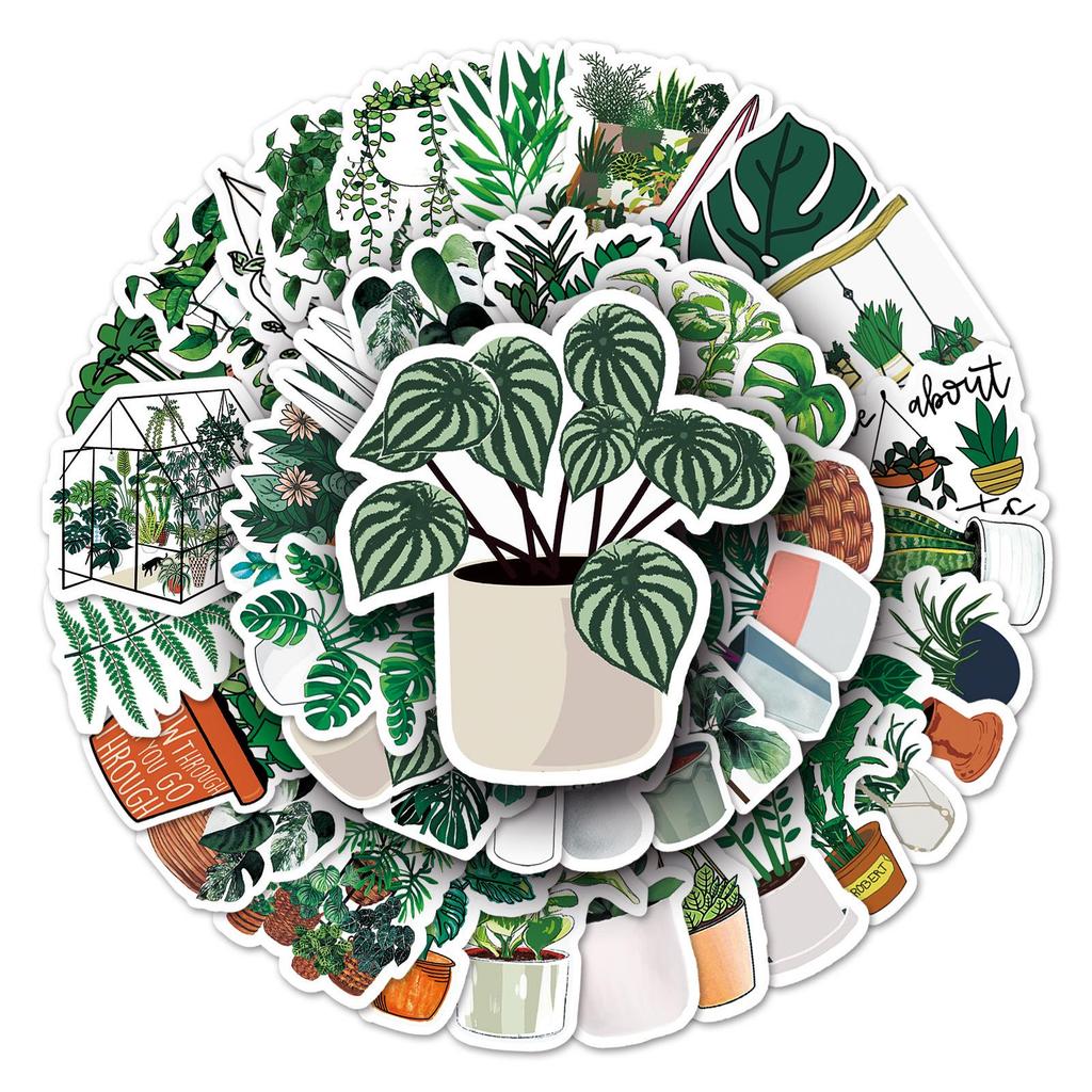 50 Sheets Cartoon Style Green Plants Decorative Stickers for Suitcases, Skateboards, and Cars