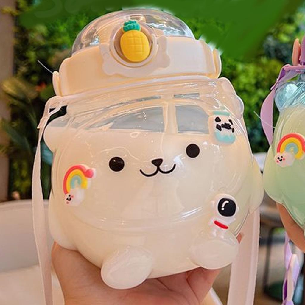 Water Bottle Plastic Cute Panda 1000ml Large Capacity Direct Drinking with Straw Carrying Strap Kids Drinking Bottle for Daily Use Clear White