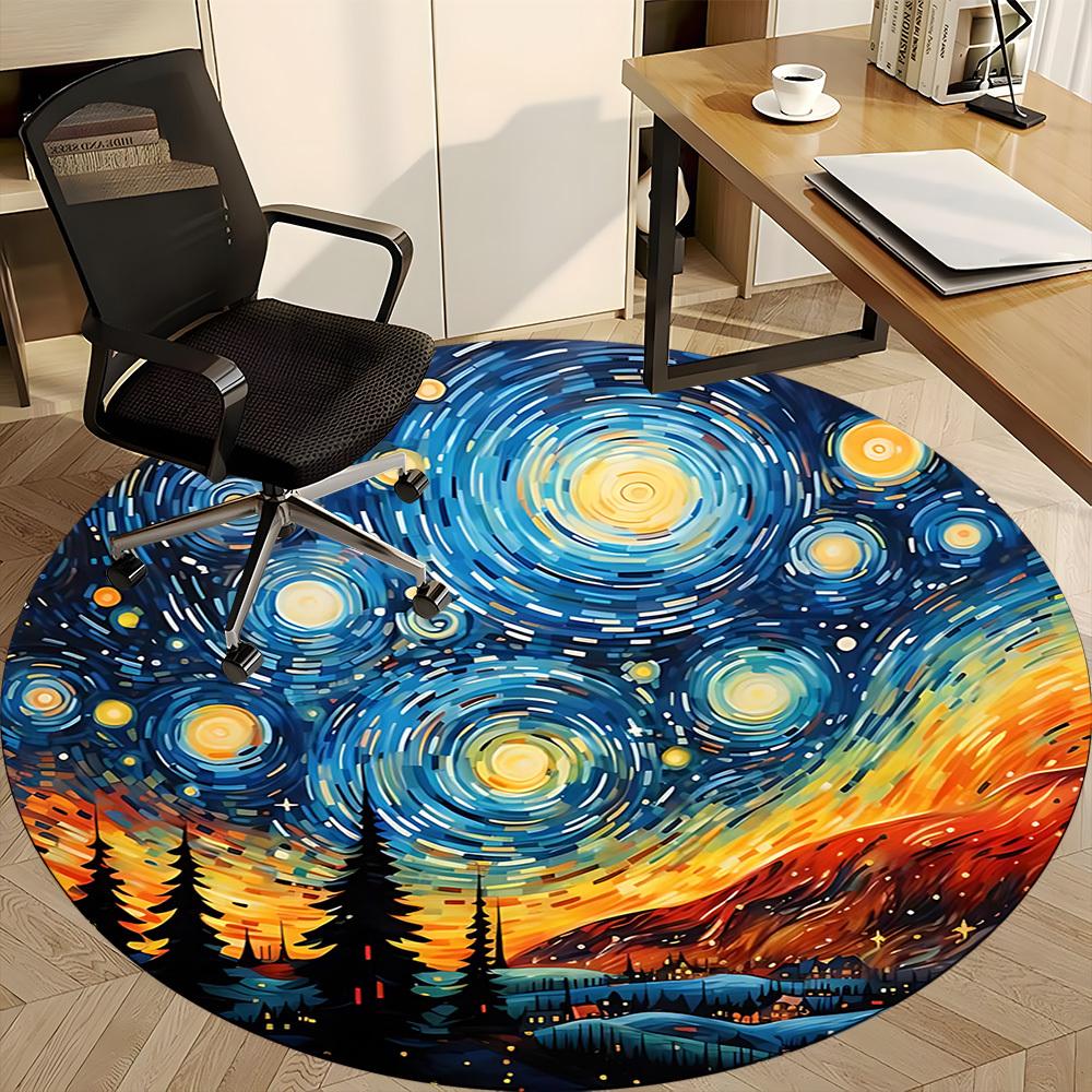 1PC Starry Night Landscape Office Round Area Rug, Mat Suitable ForOffice, Under Office Chairs Bedroom Living Room Home Decor, Room Deco