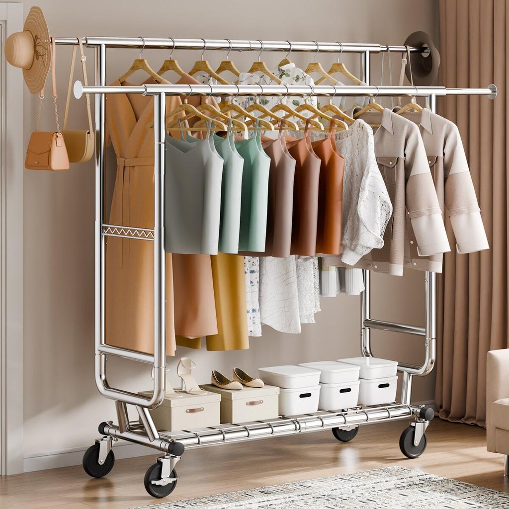 Heavy Duty Clothes Rack, Double Hanging Rod Clothing Garment Rack for Hanging Clothes, Adjustable Height and Extendable Length Clothing Rack with
