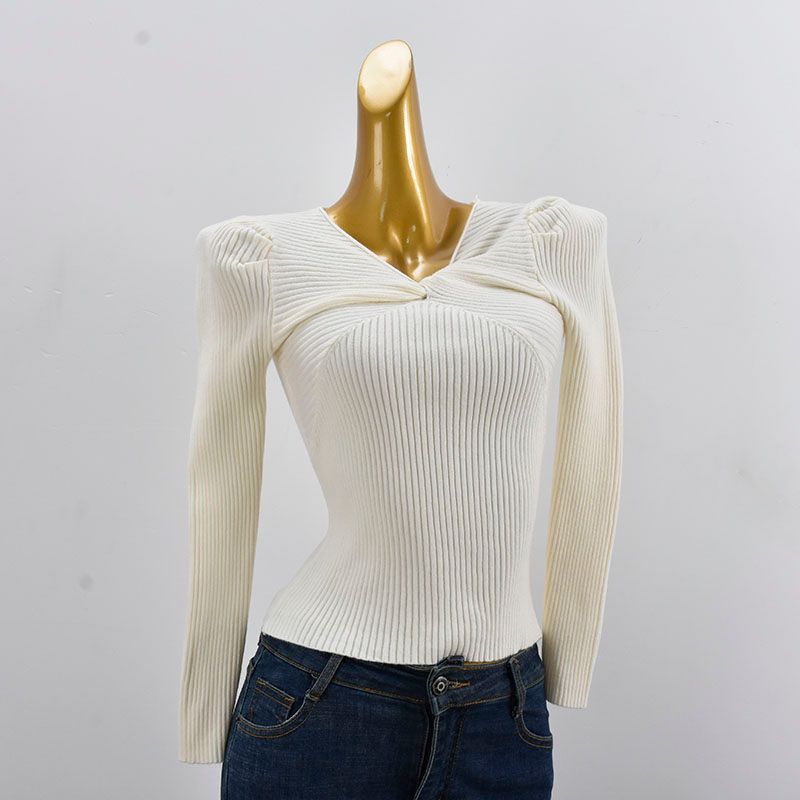 French Style V-neck Cross Western Style Knit Women Spring and Autumn New Slim Fit Slimming Inner Wear Base Sweater Long Sleeve Top