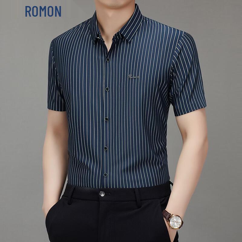 ROMON Men's Striped Short Sleeve Casual Shirt