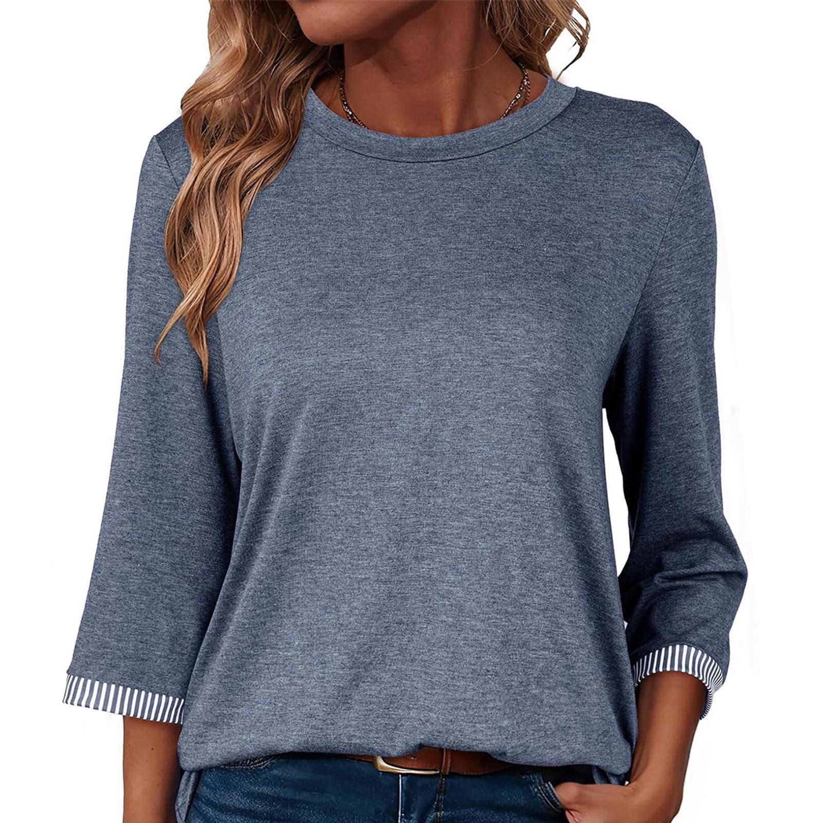 

Women s T-shirt Solid Color Round Neck 3/4 Sleeve Top M тёмно-синий