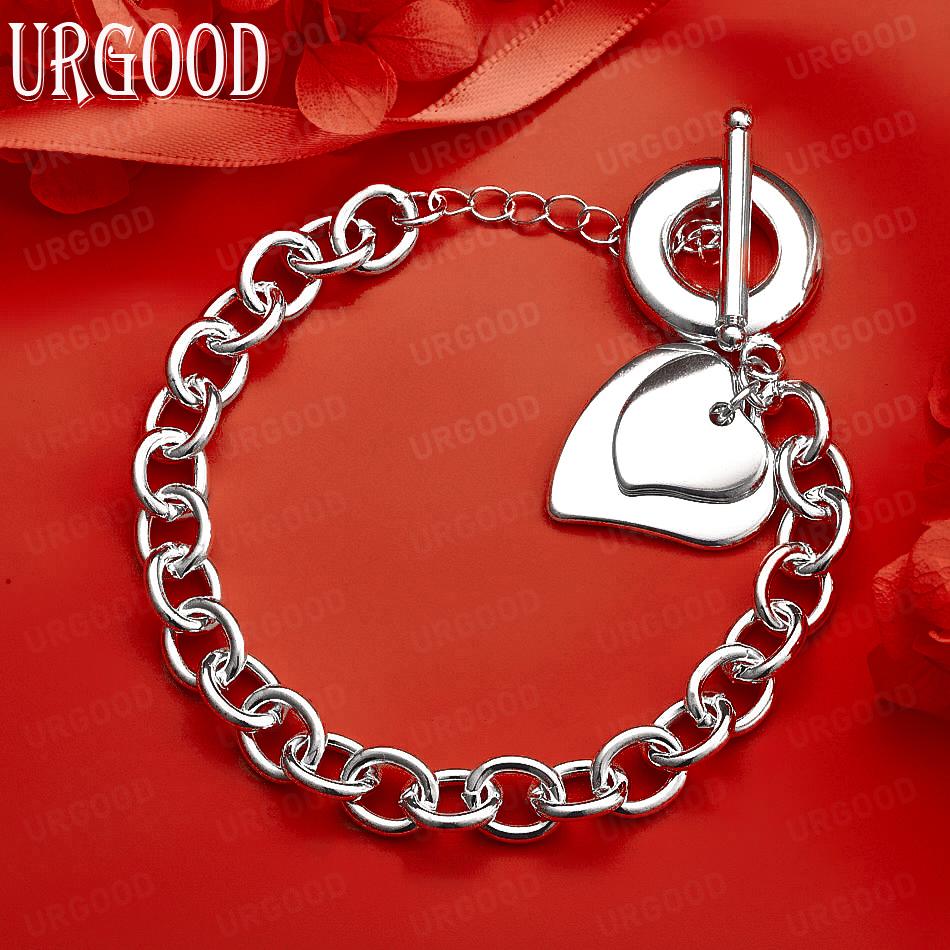 925 Sterling Silver Fashion Jewelry Double Heart Pendant Bracelet 20CM