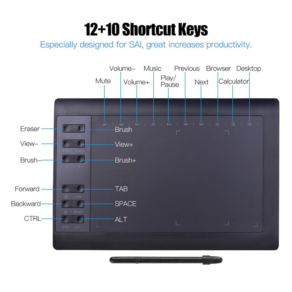 10x6 Inch Professional Graphics Drawing Tablet 12 Express Keys with 8192 Levels Support PC Laptop Connection
