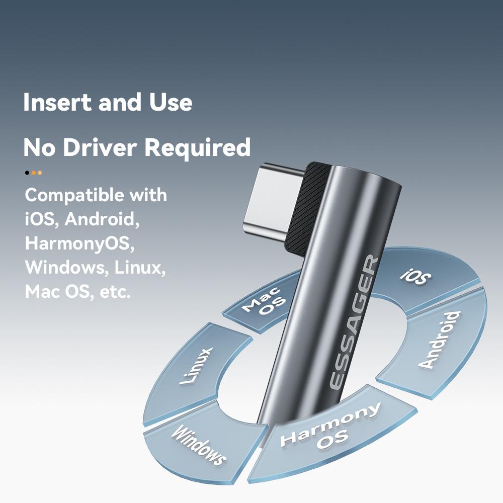 ESSAGER Type-C Male To 3.5mm Female L-Shaped Audio Adapter Inline Control Audio Adapter