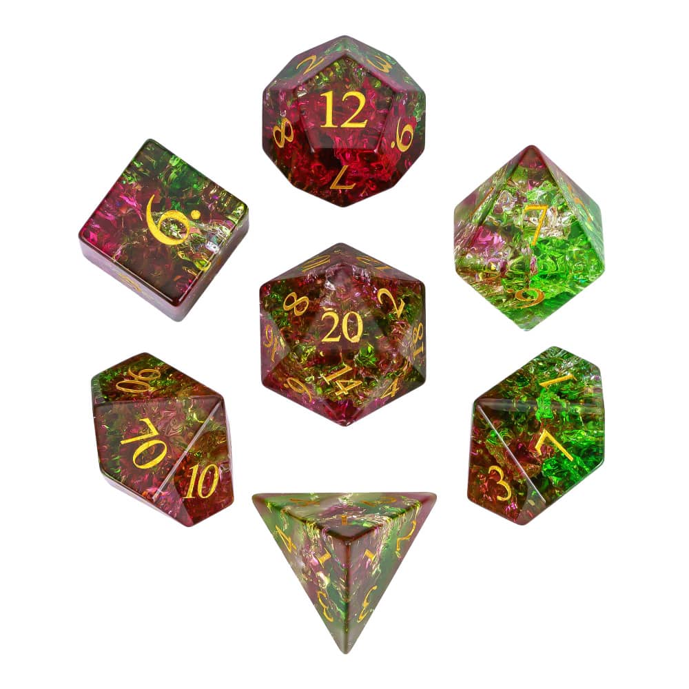 Cusdie Glass DND Dice Set 7-Die Handmade Shattered Glass D4-D20 Polyhedral Dice with Leather Box for Tabletop RPG Collection