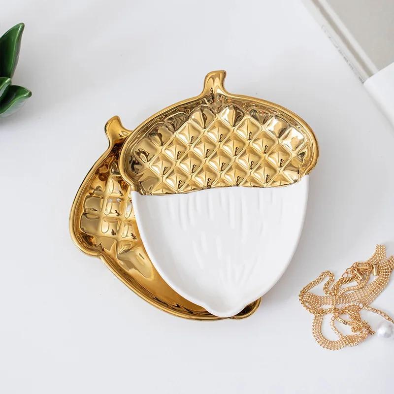 Ceramic Tray with Gold Pinecone Design - Creative Jewelry Organizer Entryway Key Tray  Home Decor Display  Ideal for Small Items
