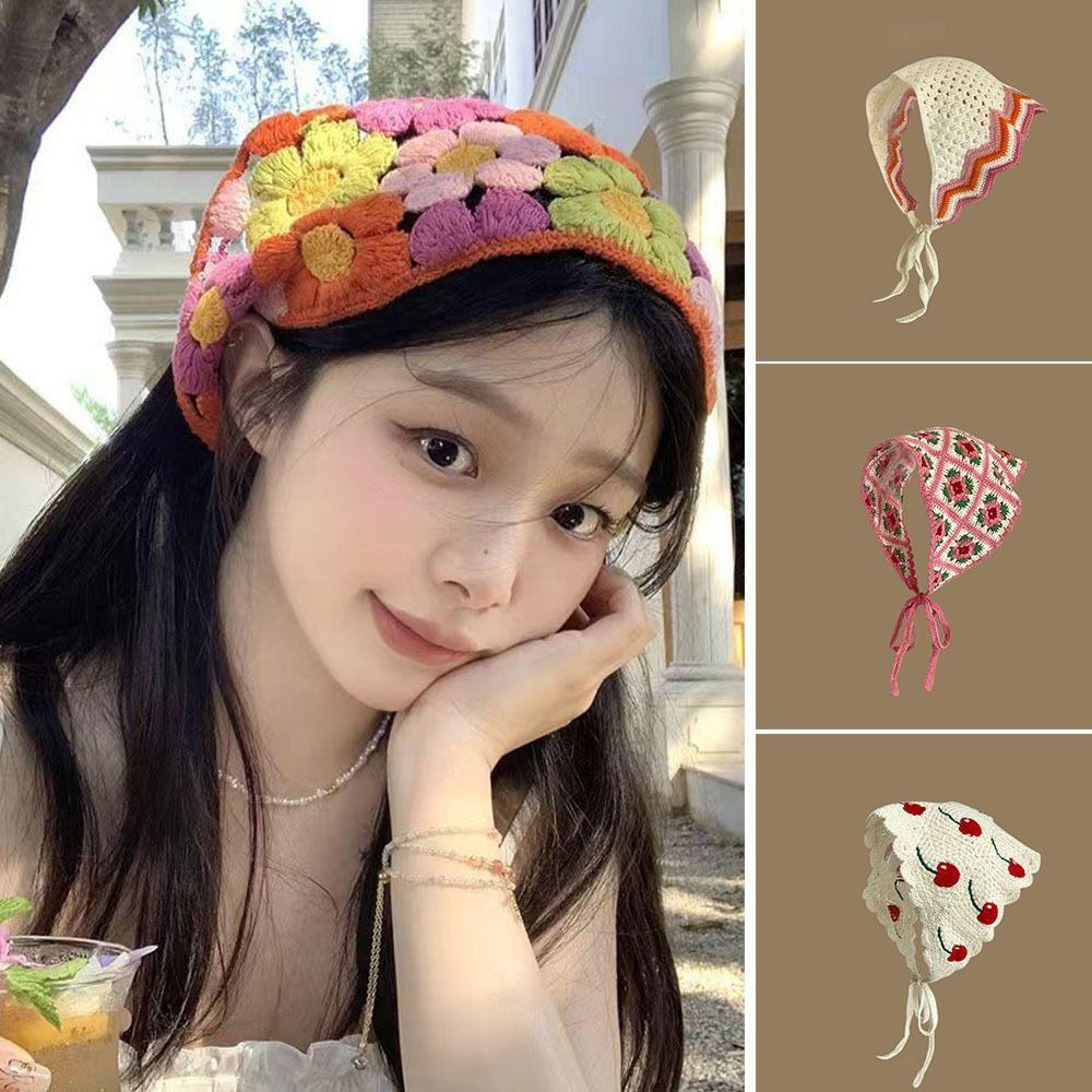 Knitted Triangle Headband Crochet Beach Vacation Headkerchief Sweet Girl Flower Headscarf