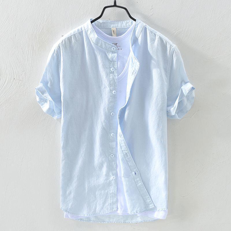 Men's Dark Blue Casual Linen-Cotton Stand Collar Short Sleeve Shirt - Retro Japanese Style