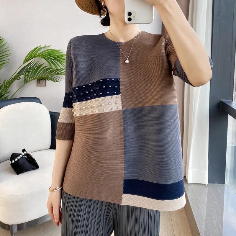 

Miyake Pleated Spring and Autumn Retro Loose Top Large Size Beaded Color Block Three-quarter Sleeve T-shirt for Women Onesize сірий