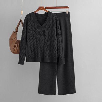 Women's Autumn And Winter Wide Leg Pants Sweater Two-Piece Set Women's V Neck Knitted Set