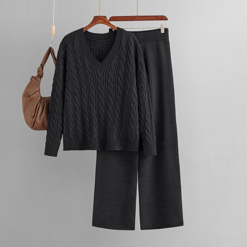 Women's Autumn And Winter Wide Leg Pants Sweater Two-Piece Set Women's V Neck Knitted Set