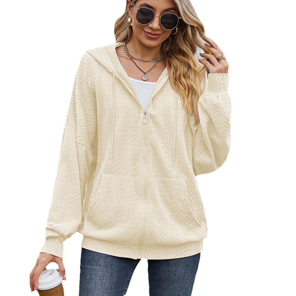 Lässige, einfarbige, atmungsaktive Damenjacke, langärmelig, lockerer Reißverschluss, leichte Jacke mit Taschen, lockerer, weicher, modischer Kapuzen-Sweatshirt-Mantel für Frauen