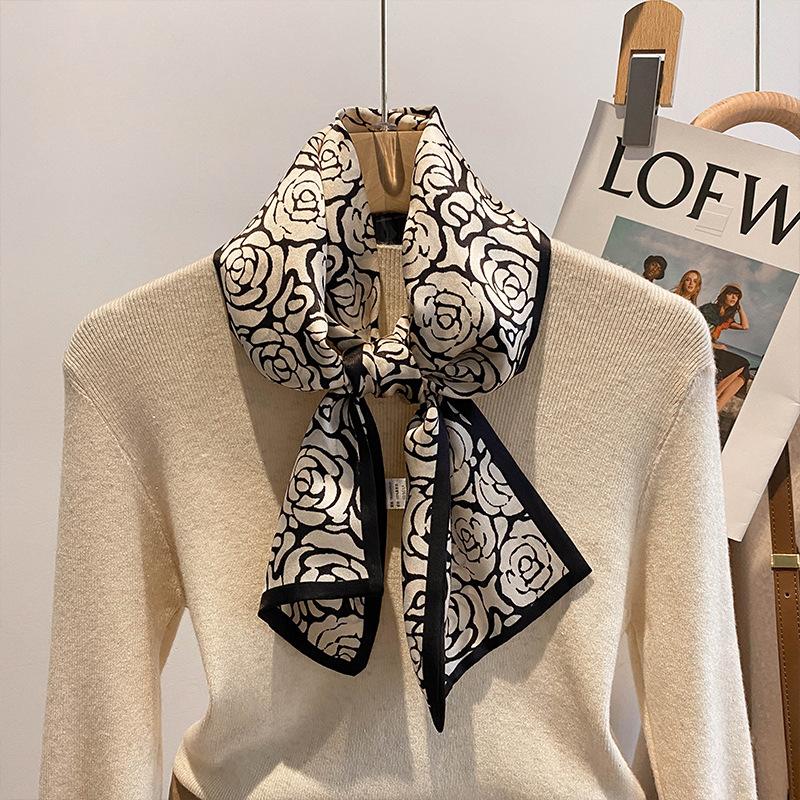 Narrow silk long silk scarf women s spring and autumn versatile mulberry silk rose headband streamer strap bag strap small scarf