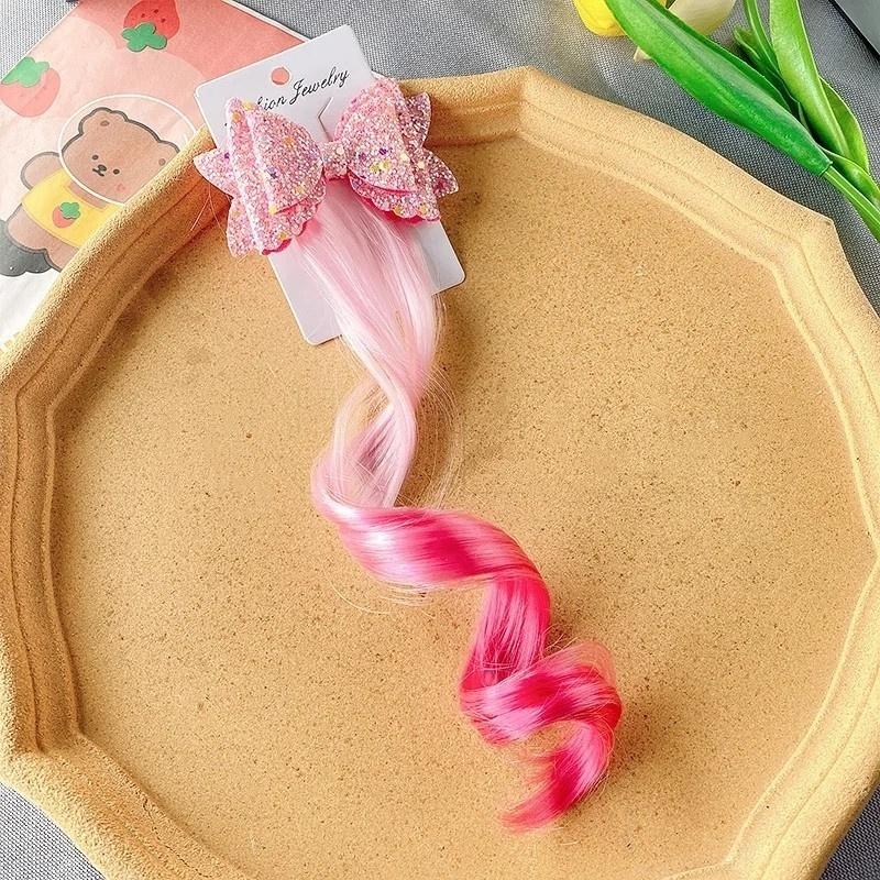 1/2pcs Cute Curly Hair Bowtie Wig Girls Hairpins Ombre Color Headwear Hair Clips For Princess Dress Up Birthday Gift Party Favor