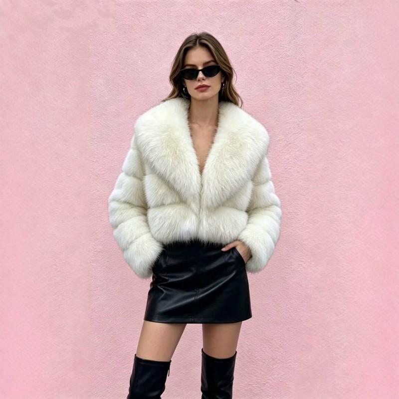 Womens Short Faux Fur Coat With Fox Hair Trim Collar Lapel Leather Patchwork Long Sleeve Winter Outerwear