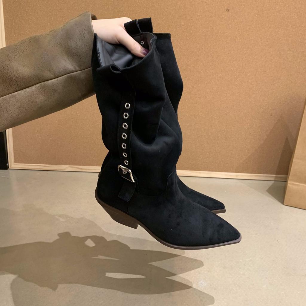 Large Size Women's Shoes 41 To 42 Fat Mm Thick Legs Brown Boots Autumn Western Cowboy Boots Maillard Pile Short Boots Women