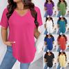 Women's V Neck Short Sleeve Tunic Top Loose Fit Casual Style Polyester Solid Color Curved Hem Long Tee Plus Size Summer Shirt