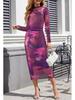 Women's Long-Sleeve Tie-Dye Pleated Cocktail Dress with Stand-Up Collar